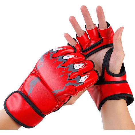 Gants de boxe mi-doigts pour sac de frappe, entraînement kickboxing - Hommes et femmes - Rouge