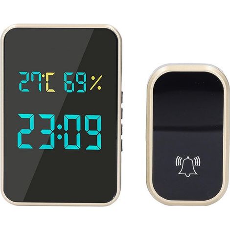 Timbre inalámbrico exterior sin pilas con pantalla LCD, receptor impermeable IP44 y pantalla de temperatura/humedad. (1/5)