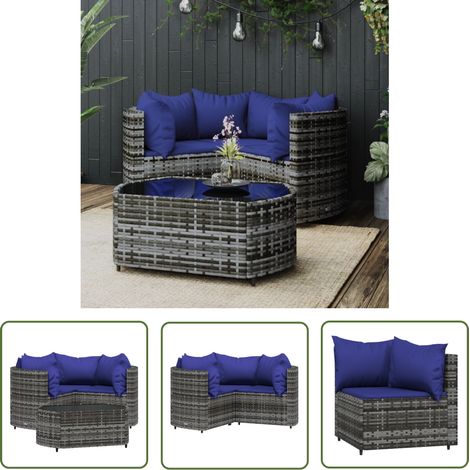 The Living Store Salon de jardin 4 pcs avec coussins Gris Résine tressée - Salon De Jardin - Mobilier De Jardin - Set De Salon Extérieur - Table Basse - Chaise Lounge (1/6)