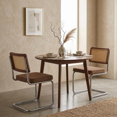 Lot de 2 Chaises Moyen Siècle – Velours et Cannage Doré – Dossier en rotin naturel, piètement chromé, pour salle à manger – Marron (1/5)