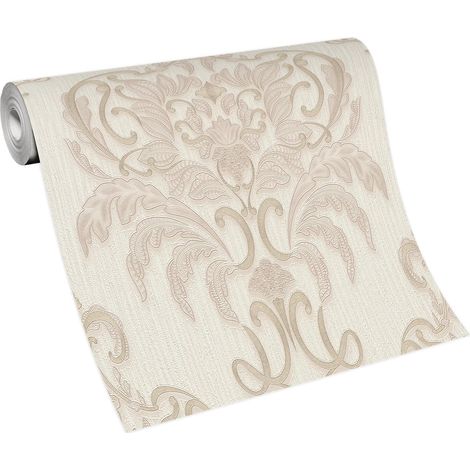 Papier peint baroque beige & blanc | Tapisserie baroque beige idéale chambre | Papier peint intissé damassé surface vinyle (1/5)