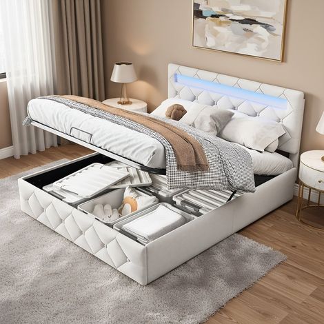 Lit Complet Double, Lit Coffre 140x190, Sommier Relevable, avec Rangement, LED, Tête de lit Réglable, Style Moderne, Velours Beige