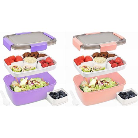 Lunchbox 2000ml 2er Set, auslaufsichere Bento Box mit Fächern, Salatbox to Go, Lila + Dunkelrosa (1/5)