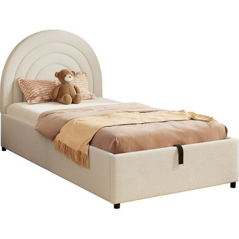 Stauraumbett Einzelbett 90 x 200 cm aus Bouclé, Gepolstertes Kopfteil, ohne Matratze, Beige (1/5)