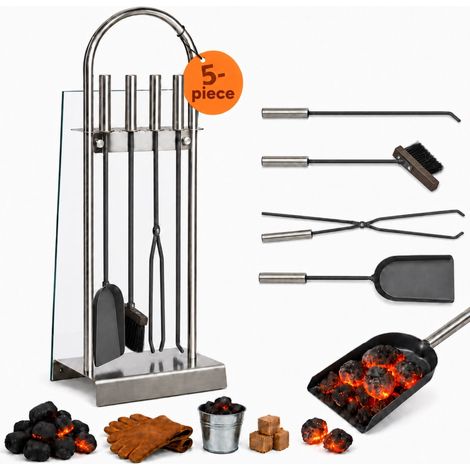 Relaxdays Stainless Steel Fireplace Companion Set, 5-Piece Fire Irons Kit, Stand, Shovel, Broom, Tongs, Poker, Steel, Glass, Silver (1/5)