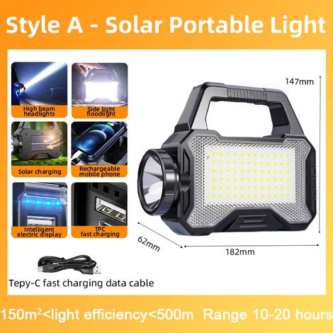 Lampes solaires portables, batterie de recharge solaire, projecteur, lampe torche d'extérieur à lumière vive avec éclairage latéral COB, lanternes portables-AquaForge