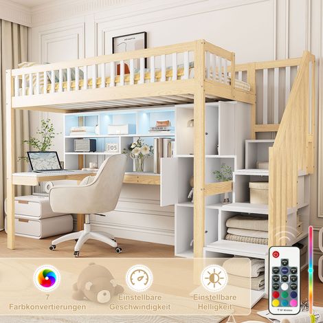 Lit mezzanine 90x200 cm, lit enfant avec bureau et bibliothèque, éclairage LED, échelle de rangement de sécurité et barrière antichute, Bois massif, design, Blanc (1/5)