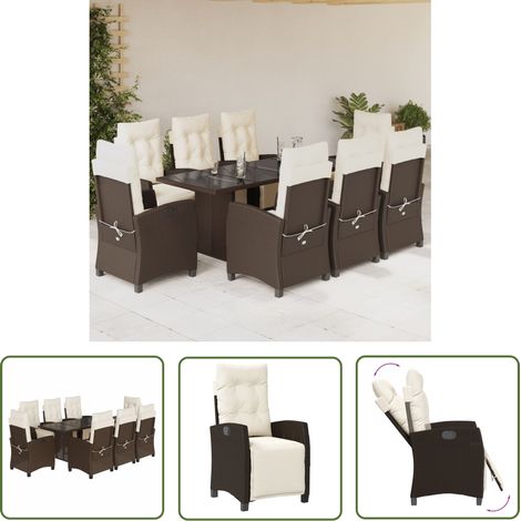 The Living Store Ensemble à manger de jardin et coussins 9 pcs marron poly rotin - Salon De Jardin - Meuble De Jardin - Set De Salon De Jardin - Table De Jardin - Chaises De Jardin (1/5)