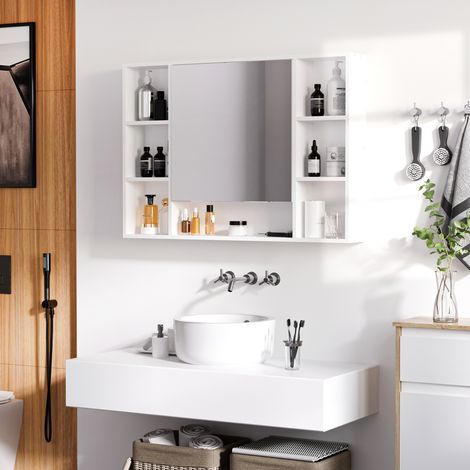 Miroir salle bain placard étagères meuble gain place rangement cosmétiques optimisé - Dimensions: 100x15x70 cm - Couleur: Blanc