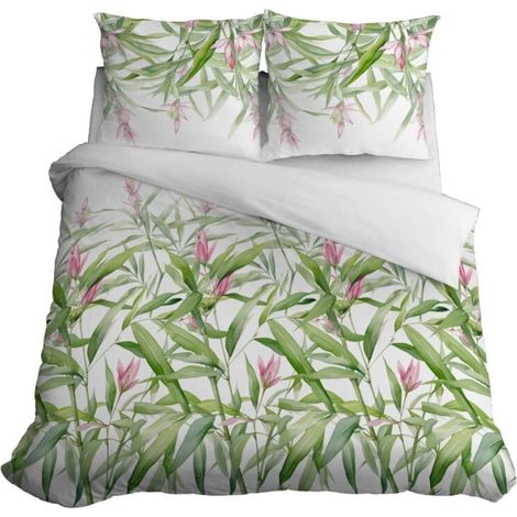 Parure de lit en satin 220x200 cm, motif fleurs et feuilles, vert printanier (1/5)