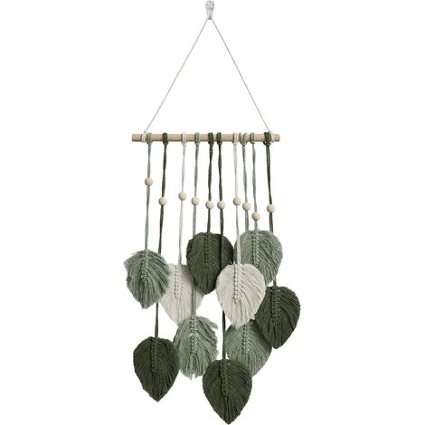Tapisserie murale en macramé bohème, tissée à la main, décorée de perles en bois et de feuilles vertes, pour le salon et la chambre à coucher, pour créer des décorations murales uniques (1/5)