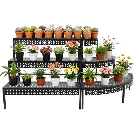 Étagère à plantes en métal à 3 niveaux - Support pour pot de fleurs - Pour l'extérieur, l'intérieur - Décoration de chambre à coucher, de balcon, de jardin (rectangulaire + éventail, Noir) (1/5)