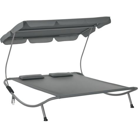 Outsunny Bain de Soleil 2 Places lit de Jardin Design Contemporain Toit réglable 2 roulettes 2 oreillers Acier époxy Polyester Gris (1/5)