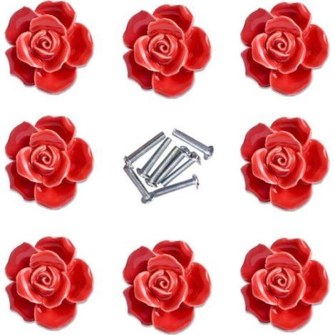 8 elegante rote Rosenblumen-Möbelknöpfe aus Keramik für Schränke und Schubladen (1/3)
