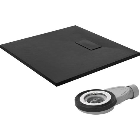 LuxeBath Duschwanne 80x80 cm Schwarz mit Ablaufgarnitur, Extra flache und robuste SMC Duschtasse, Quadratische Brausewanne H:30mm, Design Brausetasse Anti-Rutsch-Oberfläche in Schieferoptik mit Siphon (1/5)