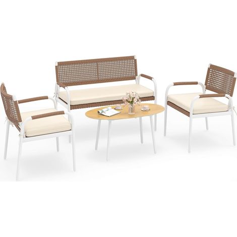 COSTWAY Set di Mobili da Patio 4 Pezzi, Divanetto in Rattan PE e 2 Poltrone con Cuscini Morbidi, Tavolo in Vetro Temperato, Set di Divani da Esterno per Balcone, Veranda, Giardino e Cortile (1/5)