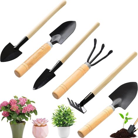 Lot de 6 mini outils de jardinage pour enfants - Mini binette de jardin - Petite pelle de jardin - Râteau - Kit d'outils de jardin pour bonsaï, transplantation, ameublissement de la terre (1/5)