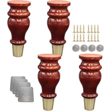 Quatre pieds de canapé en forme de gourde, pieds de meubles en bois massif, embouts en laiton, adaptés aux meubles TV, bureaux, meubles de cuisine, etc. Remplaçables (couleur noyer, 15 cm/5,9 pouces)  (1/5)