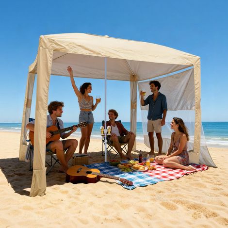 2,4x2,4 m Tonnelle de Plage Abri Solaire avec Parois Latérales pour Camping et Extérieur UPF 50+ Kaki (1/5)