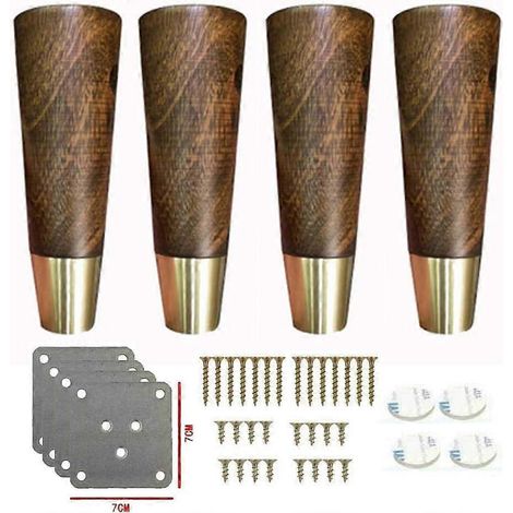 Ensemble de 4 pieds de meubles en bois massif, pieds de meubles de rechange en bois et laiton, pieds de canapé avec supports de 18 cm/7 pouces. (1/5)