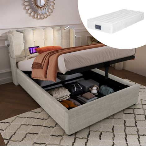 Letto singolo imbottito rustico 90x200 cm in lino beige con testiera, luce da lettura, USB e vano contenitore (1/5)