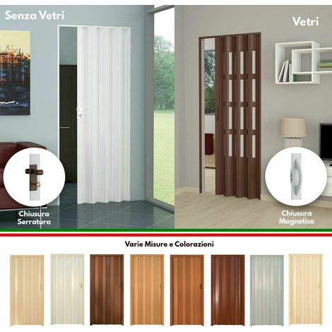 Porta a Soffietto in PVC Vari Colori con Vetri Maniglia Magnetica o Serratura - Sistema di chiusura: Serratura - Tonalità: Rovere sbiancato finto Legno (1/5)