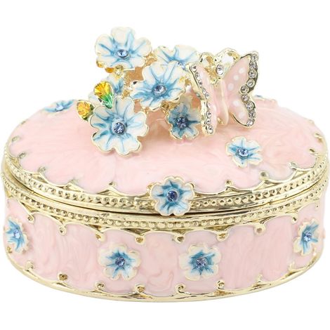 Boîte à bijoux-Boîte à bijoux vintage en émail-Émail vintage peint à la main-Motif floral doré antique et décor pour coiffeuse (1/5)