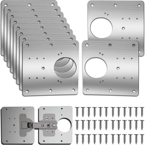 10 Pièces Plaque de réparation de charnière d'armoire, 9x9cm clips de réparation de charnière à visser avec trou, inoxydable avec 60 vis de montage pour meubles en bois, cuisine, placard (1/5)