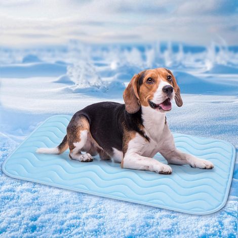 Kühlmatte für Hunde und Katzen, 75 x 50 cm, atmungsaktives Eisseidenmaterial, waschbares Kühlkissen, strapazierfähig, ideal für Haustiere im Sommer, blau (1/4)