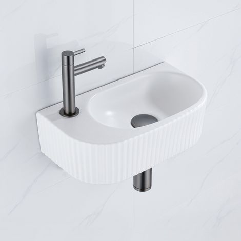 QeramiQ Fuente Ensemble de Lavabo - 40x21.5x12cm - gauche - strié - demi-rond - 1 trou de robinet - céramique - ensemble de robinet gunmetal - bouchon (1/5)