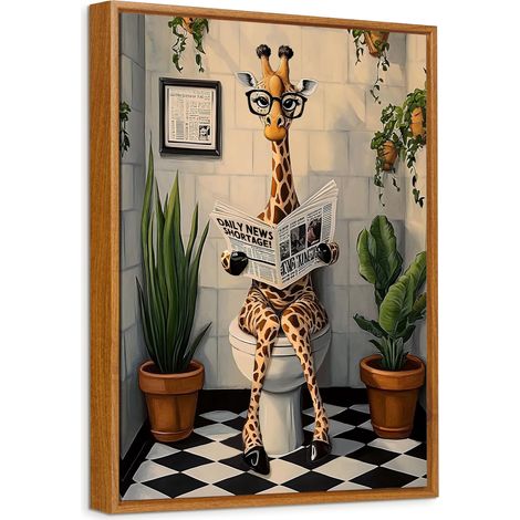 Tableau Encadrée Poster Mural Peinture Impression sur Toile Image Affiche Amusante Lisant le Journal sur les Toilettes Decoration Murale Salon Salle de Bains WC 40x60cm (1/5)