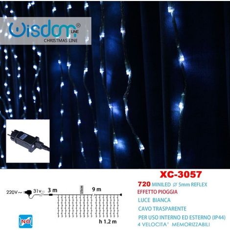 Rideau Lumineux De Noël 720 Mini Led Effet Pluie Lumière Blanche Ip44 Xc-3057