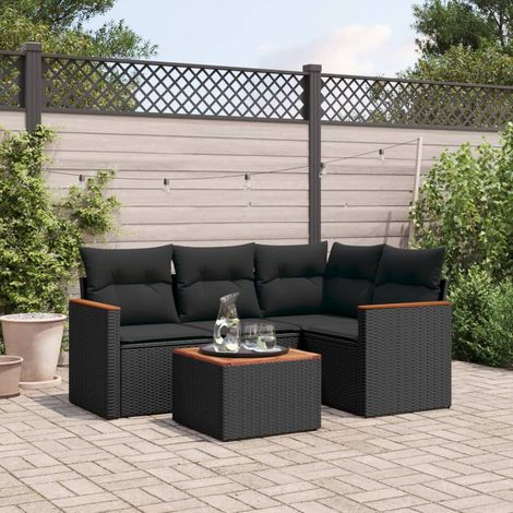 Set divani da giardino modulare con cuscini e vano contenitore in polyrattan nero, set da 5 pezzi, 44.6kg - PANGIVO (1/5)