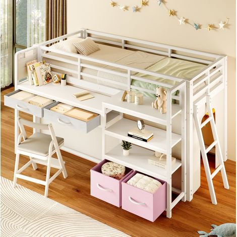 Cama alta 90/200 cm blanca de metal con escritorio, estantes, cajones de tela y LED (1/5)