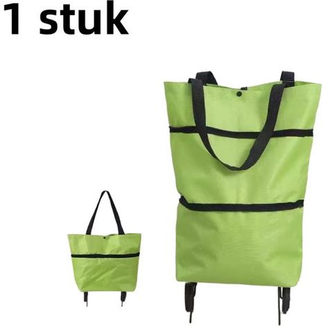 Chariot de courses pliable 2 en 1 avec roulettes - Sac de courses réutilisable - Vert - 27 x 12 x 46 cm (1/5)