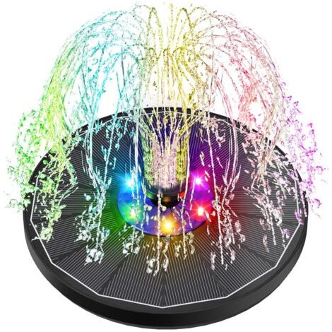 Fontaine Solaire LED Colorées, 3.5W Extérieur Flottante Pompe Bassin Solaire, 2200mAh Batterie, 2025 Fontaine Solaire Verre avec 7 Buses & 4 Tiges Fixes pour Bain d'oiseaux Aquarium Jardin