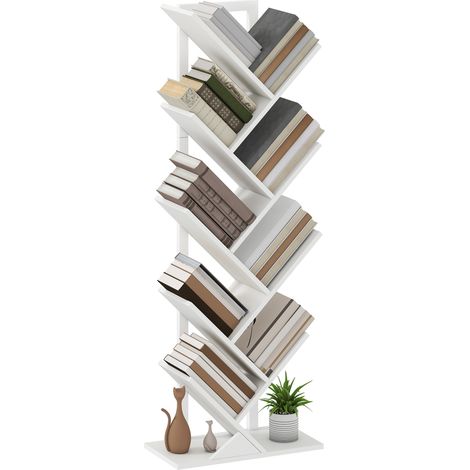 Bibliothèque arbre blanche 50x24x136 cm avec 9 étagères et anti-basculement, meuble design sobre pour salon pratique et sculptural (1/5)