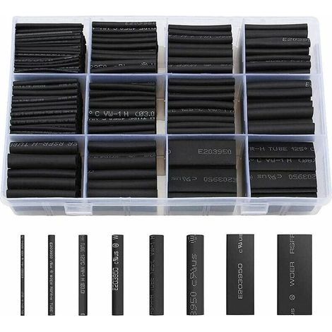 Gaine Thermorétractable 650pcs Tube Thermorétractable Noir 8 Tailles Ratio 2:1 Gaine Thermo Retractable Kit, Noire- (1/5)