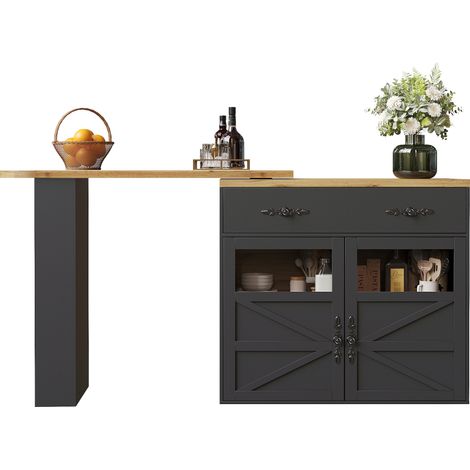 CAIziTable de bar extensible avec rangement (138-204×39×104 cm), table à manger pivotante à 360°, table de bar mobile moderne, table haute pour îlot de cuisine et bistrot, buffet avec étagères, noir