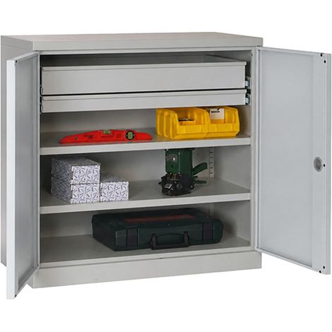 Armoire de rangement acier grise - 2 tiroirs et 2 étagères charge 150kg/niveau - Dim. 1000x1000x500mm - W030090037-GCGC (1/5)