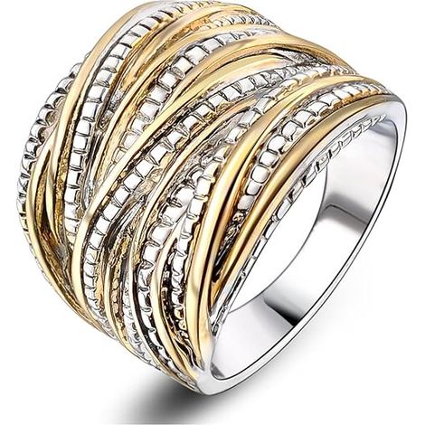 Bague tendance à anneaux croisés bicolores, plaquée or noir, argent et or rose, pour femme. Bijou fantaisie.