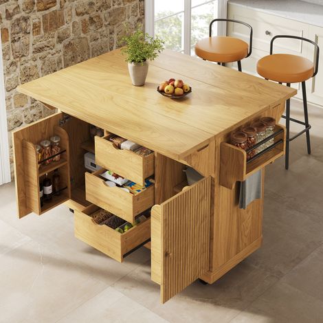 Carrello cucina pieghevole 142,5x80x95 cm con prolunghe, 3 cassetti e ruote con freno, MDF marrone (1/5)