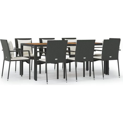 Conjunto de comedor de jardín de 9 piezas con cojines de mimbre negro 020014838