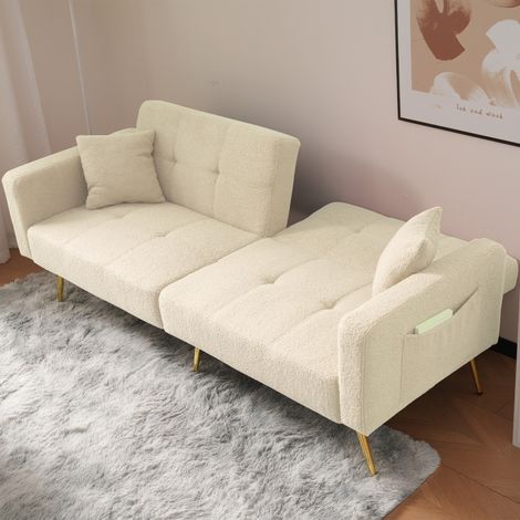 Modernluxe – Canapé convertible 2 places – Dossier réglable – Tissu bouclette beige – Poches latérales – Cadre en bois robuste – Dimensions 175x64x72 cm