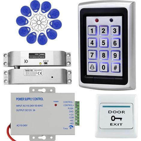 Kit de contrôle d'accès RFID en alliage de zinc avec fermeture magnétique de 180 kg, alimentation 12 V 3 A, bouton de sortie et 10 porte-clés, résistant aux intempéries pour la sécurité intérieure (1/5)