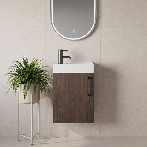 Napoli Cube Brown Oak 400mm Wall Mounted Single Door Vanity Unit with Align Basin - 400mm - Gunmetal Grey 160mm Handle