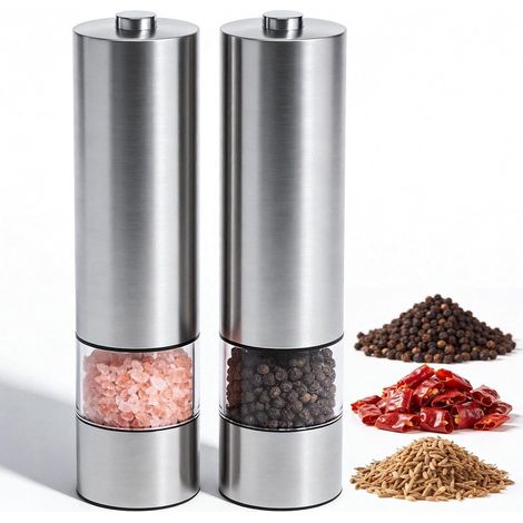 SnelShoppen – Macinapepe e sale elettrico (set da 2) – Macinatura regolabile, meccanismo di macinazione in ceramica – Acciaio inossidabile – Argento – Ideale per (1/5)