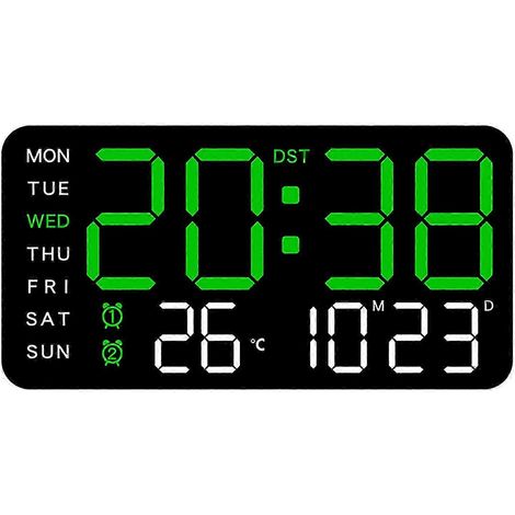 Une horloge numérique moderne sans cadre, idéale pour les bureaux, dotée d'un grand écran LED, de deux alarmes et d'un éclairage noir et vert. (1/5)