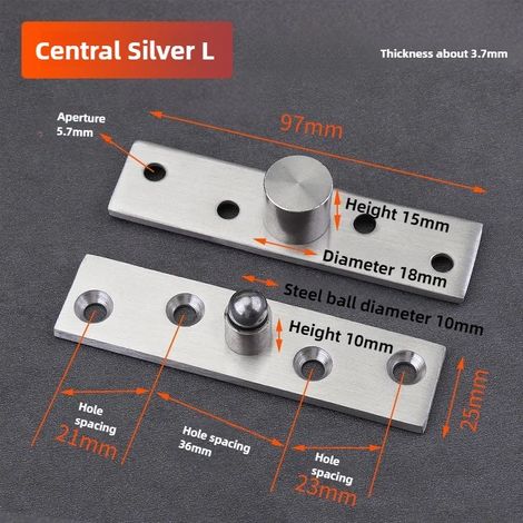 (Central Silver L) 1 charnière pivotante à 360° en acier inoxydable, axe central et décalé, pour porte en bois. Elle dissimule l'axe vertical. (1/5)