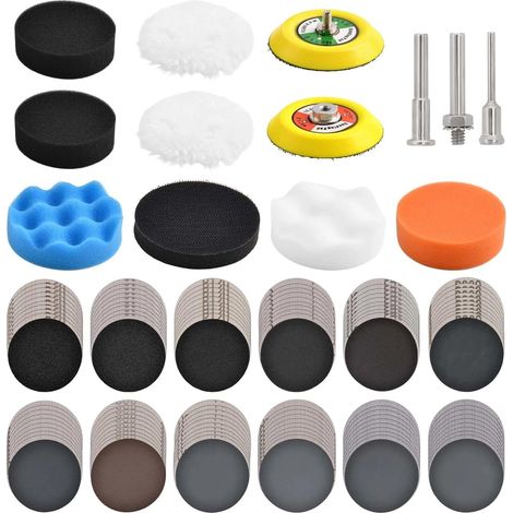 133 PCS Disque de ponçage Perceuse Kit de polissage, 3 "Kit de restauration de phare 60-10000 Grain Papier de verre sec humide Crochet et boucle pour voiture Bois Métal Verre Résine (1/5)